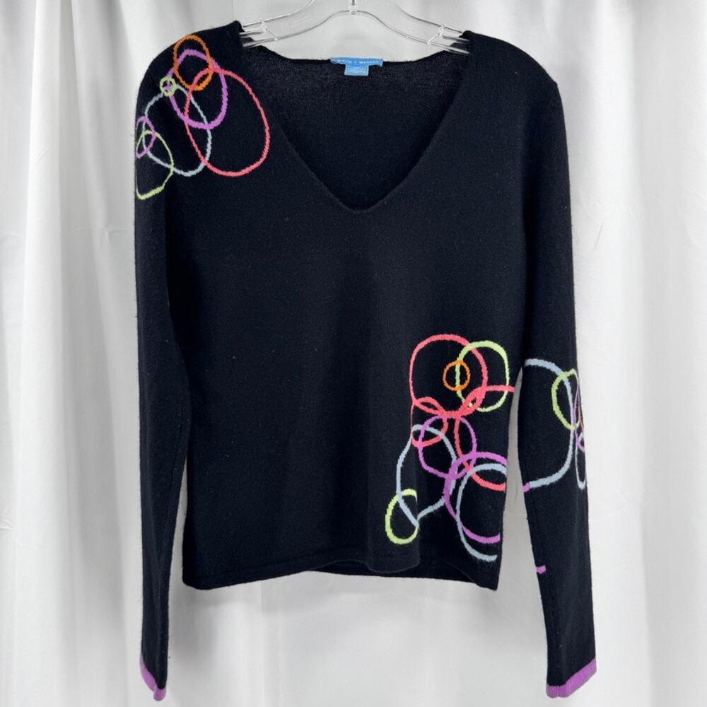 White + Warren Cashmere Sweater Sz M Black V-Neck Graphic